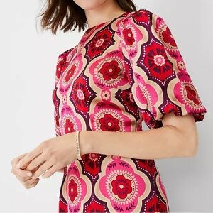 Ann Taylor Petite Red and Pink Geo Puff Sleeve Sheath Dress Size 00P